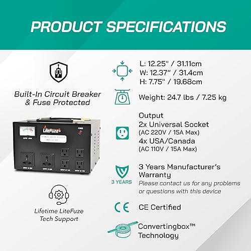 Miniatura 5 de LiteFuze Convertidor de transformador de voltaje de 5000 vatios con regulador integrado, elevador hacia arribaabajo, 110 V220 V, protección del