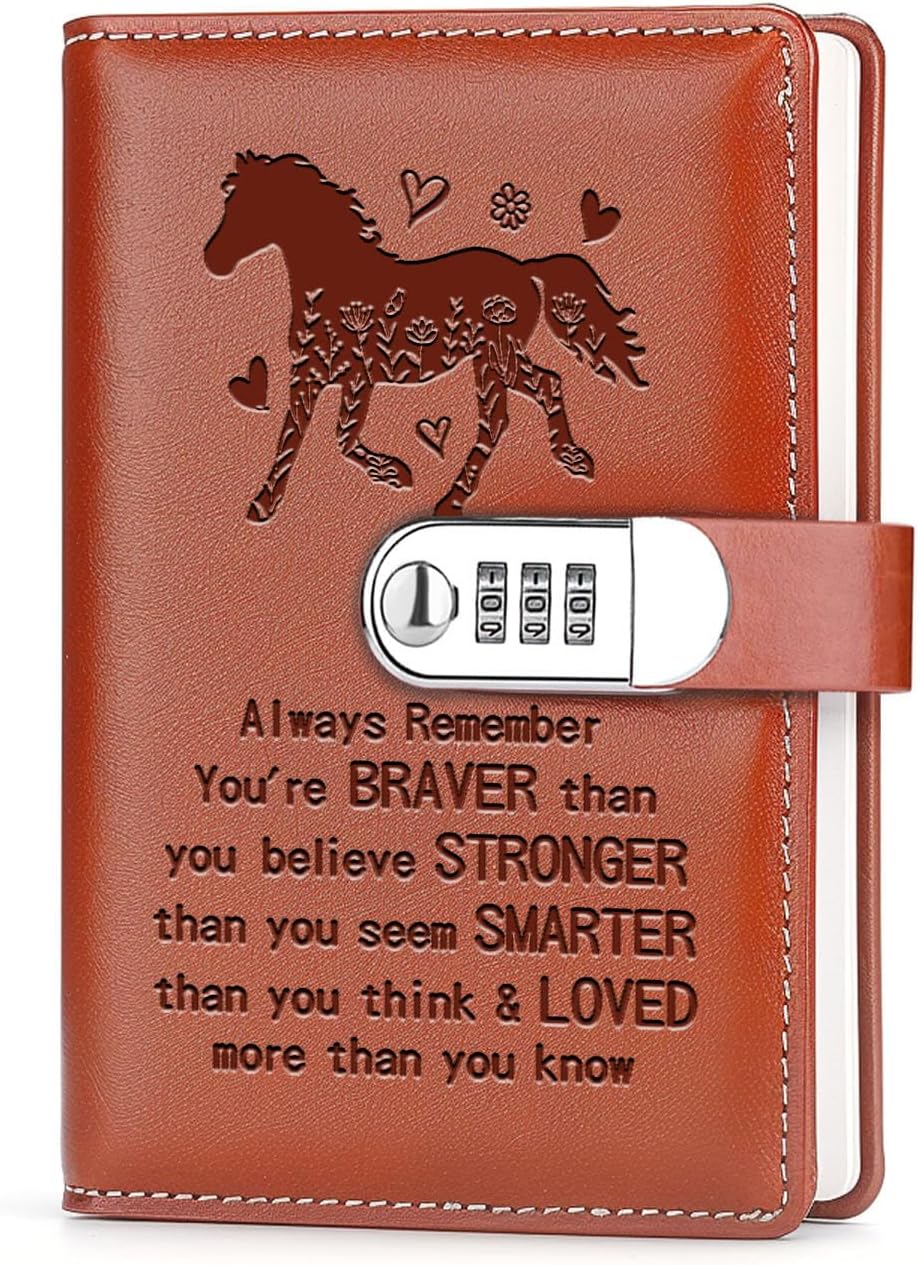 Horse Gifts Leather Combination Lock Notebook for Women Girls Always Remember You’re Braver Than You Believe Leather Combination Lock Notebook Inspirational Gift Horse Lover Gifts (always remember)