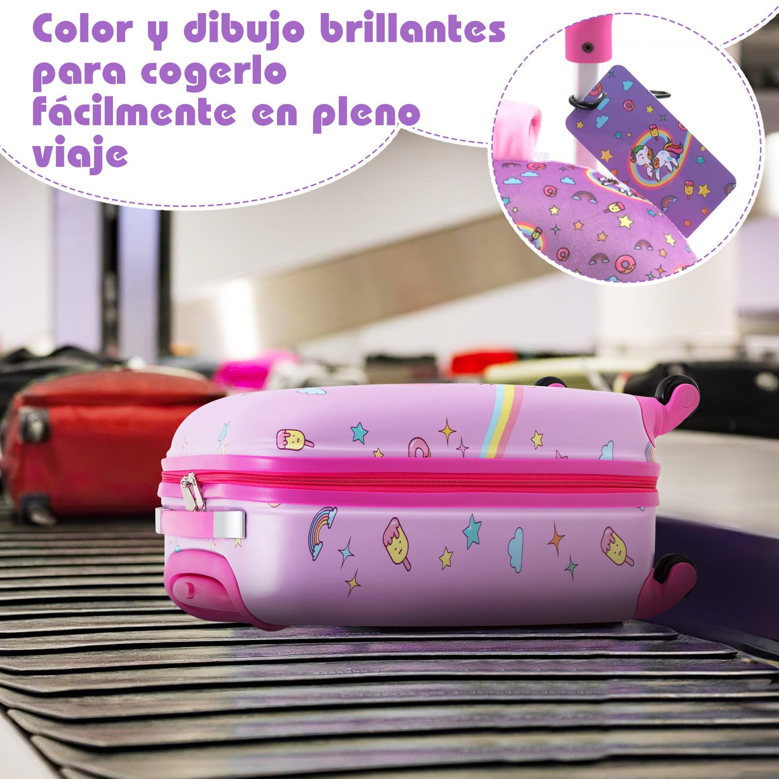 COSTWAY Maleta Cabina Niños de 5 Piezas, Maleta de Viaje Infantil con Mochila, Almohada para Cuello, Etiqueta de Equipaje, Bolsa de Almuerzo, Maleta niña con Ruedas Universales (Unicornio)