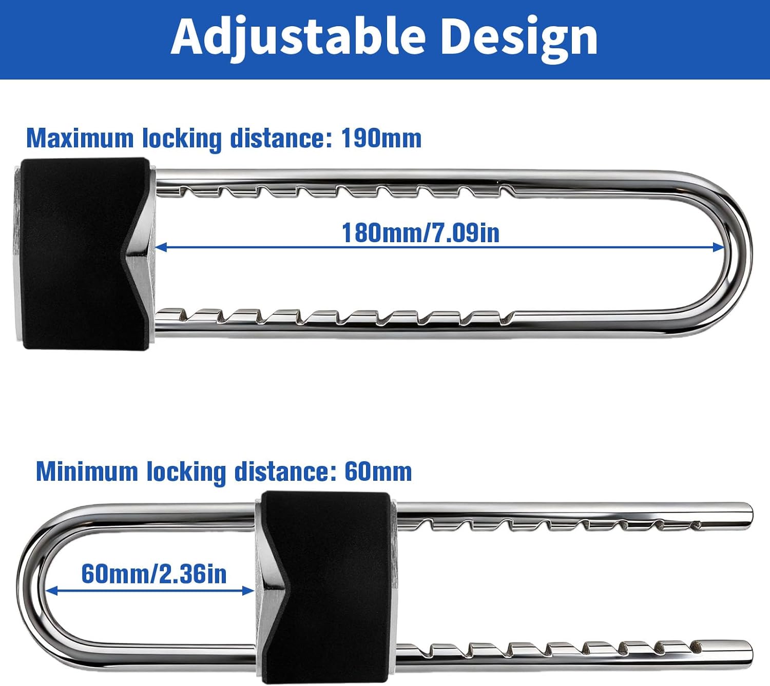 Extended U-Shaped French Door Lock, All Metal Double Door Lock for Home Security, Adjustable Anti-Kick in Lock for Doors with Double Handles/Knobs/Levers, 230mm(Key Different)
