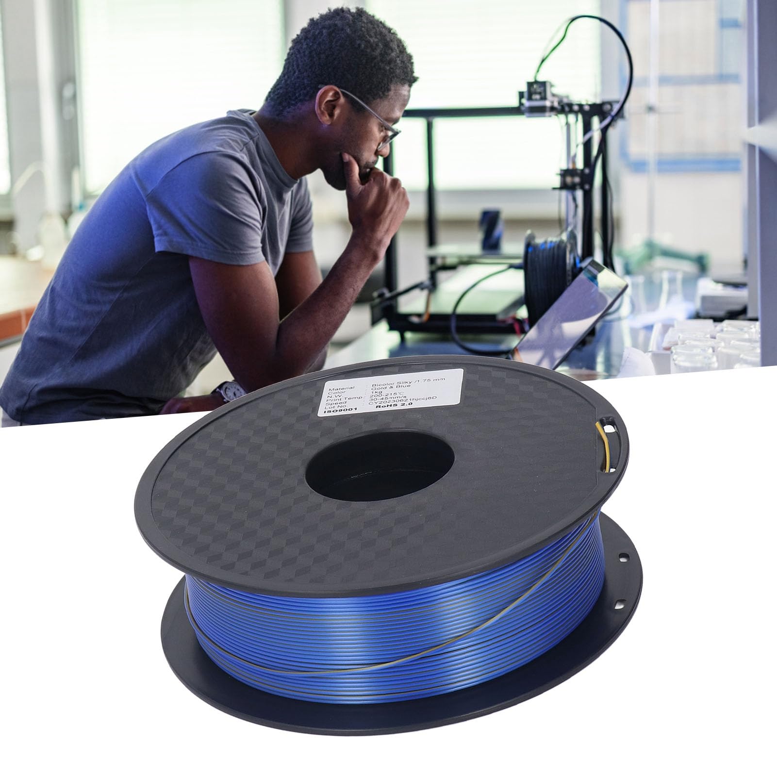 Filamento PLA de 1.75 Mm, Filamento de Impresora 3D de Seda Dual de Color Azul Dorado con Acabado Brillante, para Impresión 3D a 30-45 Mm/s Velocidad 200-215 ℃ Temperatura