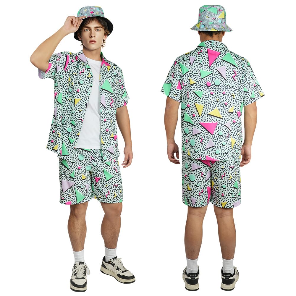 Men's 80s 90s Costume 3 Pieces Retro Disco Clothes Pants and Hat Printed Shirt for Role Play and Party Rave Style 70s 80s