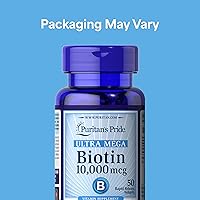 Vista 2 de Puritan's Pride Ultra Mega Biotina Premium 10,000mcg, suplemento dietético para cabello saludable, piel, uñas y apoyo al metabolismo energético