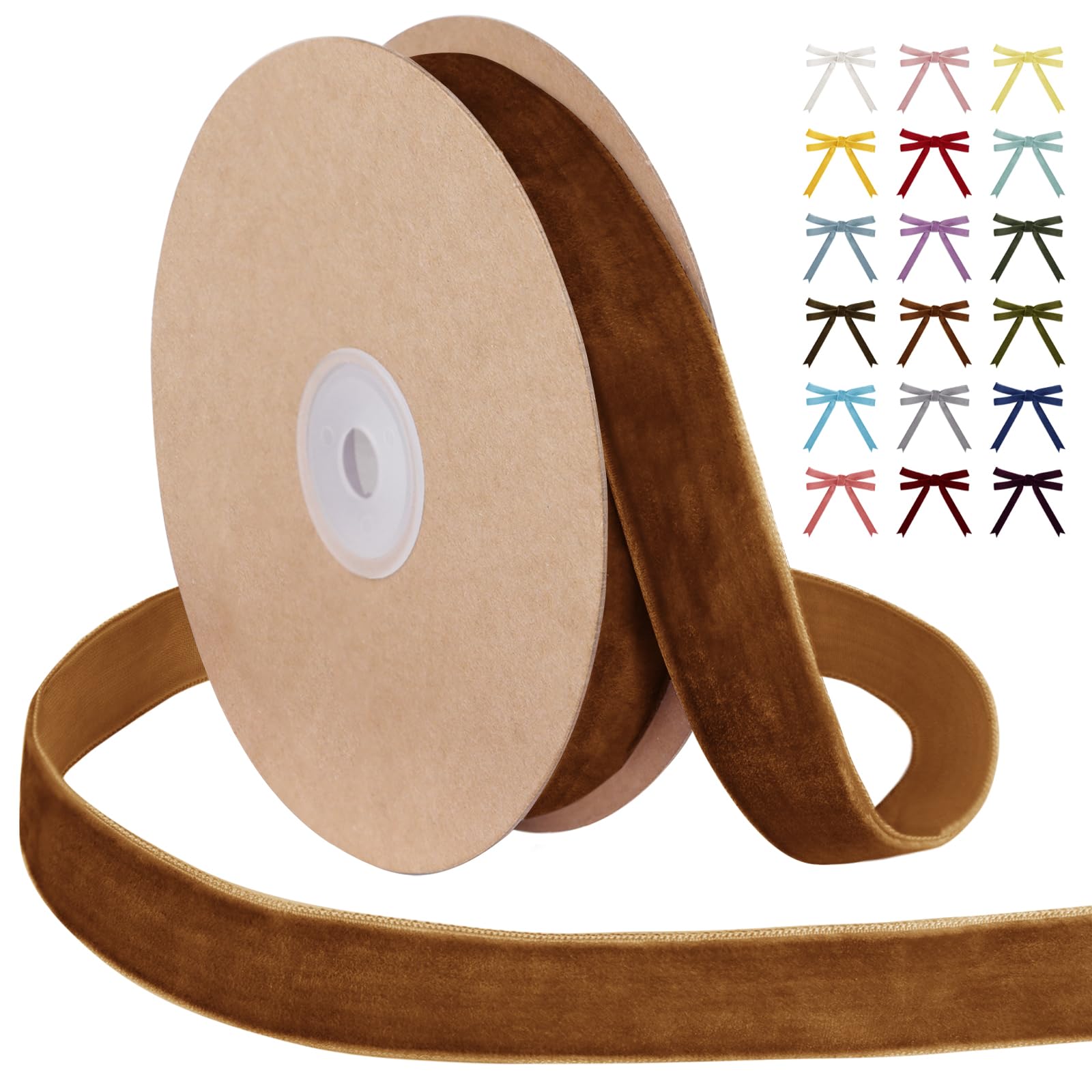 Uiopa Light Brown Velvet Ribbon, 25mm x 9m Single Face Wrapping Ribbon, Vintage Velvet Ribbons for Gift Wrapping, Wreaths, Wedding, Party, Home Decor, DIY Crafts