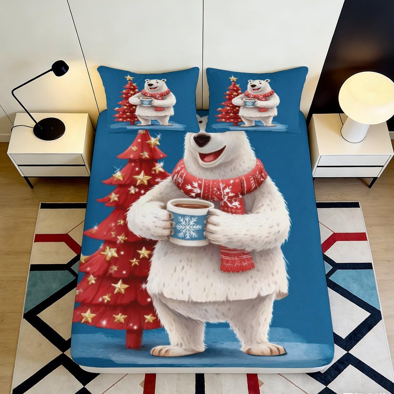 Kzqjxnhpcr Style-8 3D Printed Christmas Polar Bear Fitted Sheet Microfiber Deep Pocket Non-Slip Christmas Tree Mattress Fitted Cover For Adults Teens Bedroom Bedding 90X200x25cm 90X200x25cm
