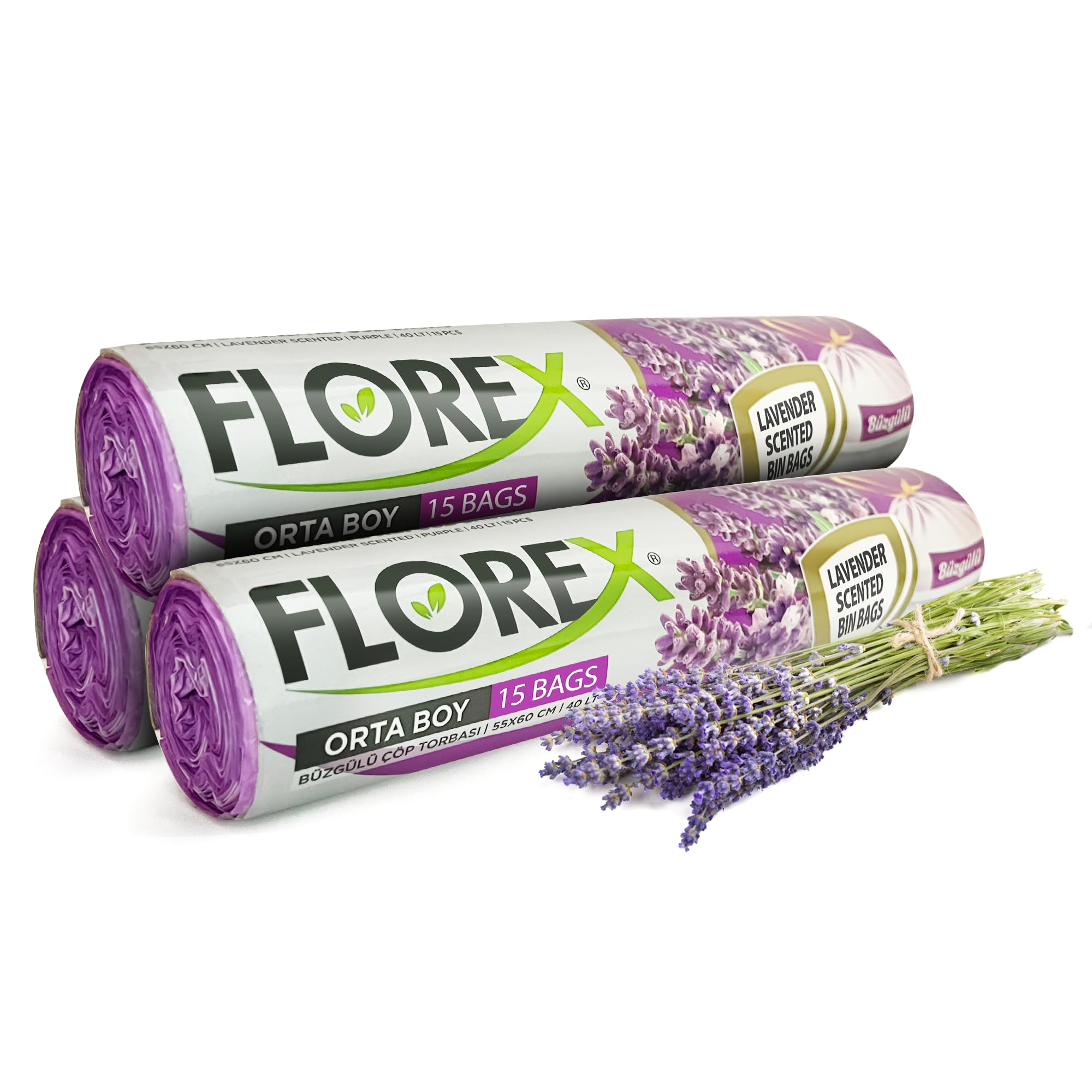 Florex Orta Boy Lavender (Purple) 40L Bin Liners 45 Counts Of Strong Bin Bags With Drawstrings Swing Bin Liners Kitchen Bin Bedroom And Bathroom Bin Bags, Leak-Proof And Scented Trash Bags
