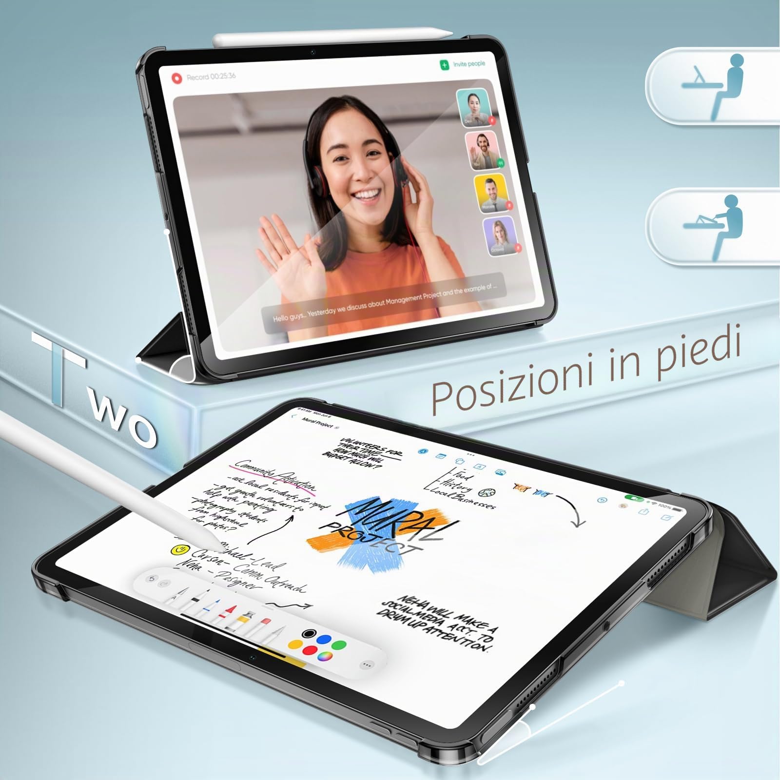 JETech Custodia SOLO iPad Air 11 Pollici M4/M3/M2 2026/2025/2024 Retro Rigido Auto Svegliati/Sonno (Nero)