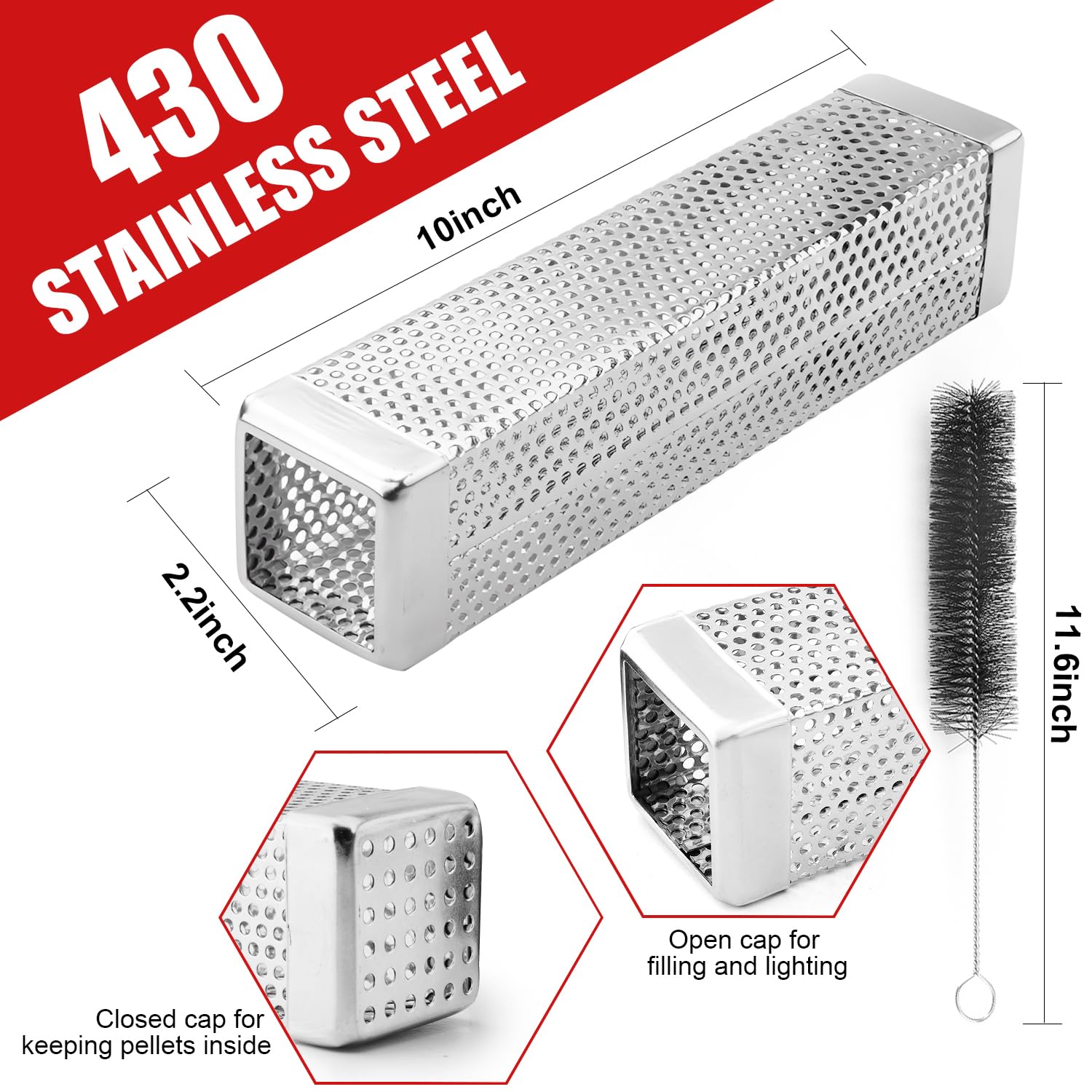 Smoke Tube for Pellet Grill, 4 Hours of Billowing Smoke, Stainless Steel Pellet Smoker Tube for All Grill or Smoker, Hot or Cold Smoking (10-inch-2 Pcs)