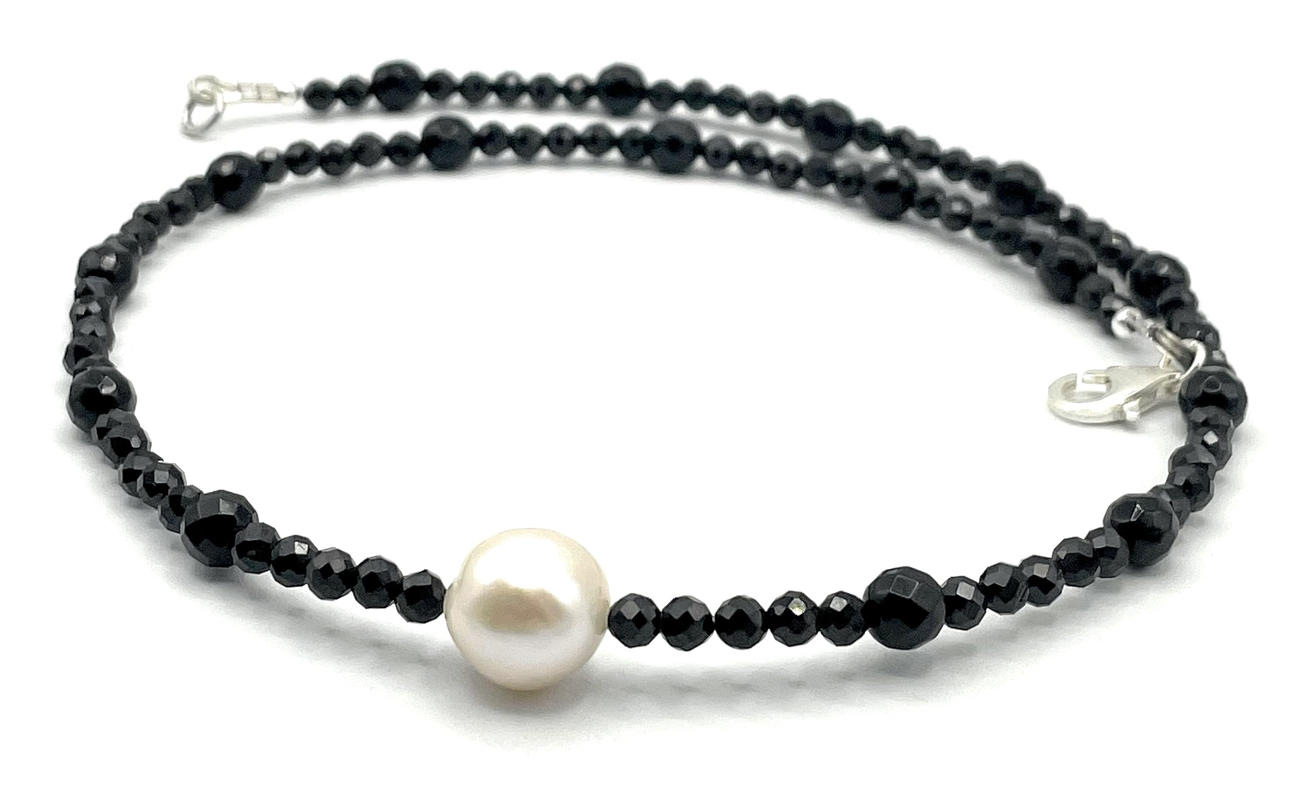Collar de Plata 925 y Perla Barroca Blanca e Espinela Negra, Joyas Artesanales, Estilo Contemporaneo, Regalo para Mujer