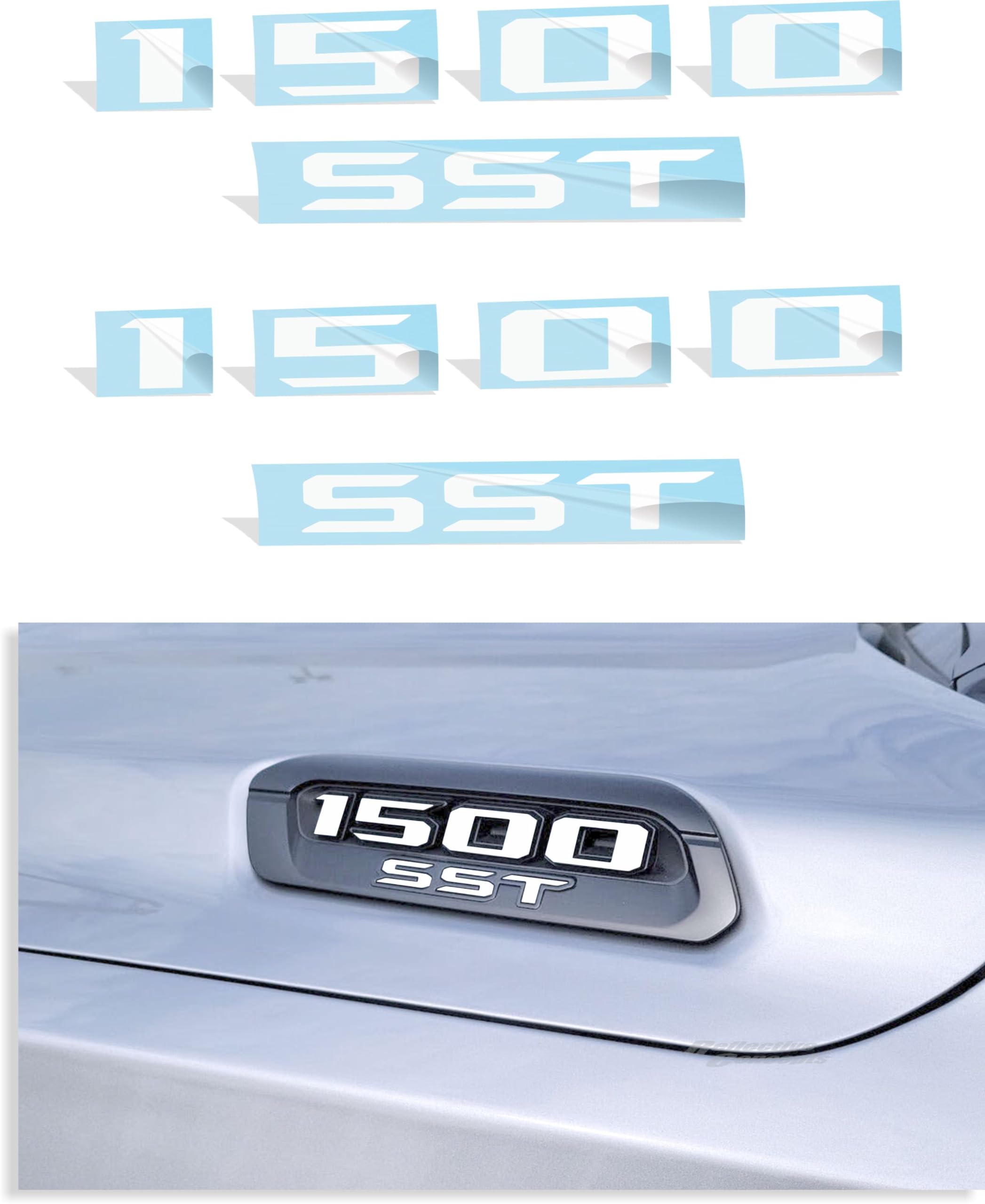 1500 SST Hood Emblem Overlay Decal Stickers - 2025 Ram 1500 Bighorn, Laramie and Warlock w/3.0 I6 Hurricane (Color: Gloss White)