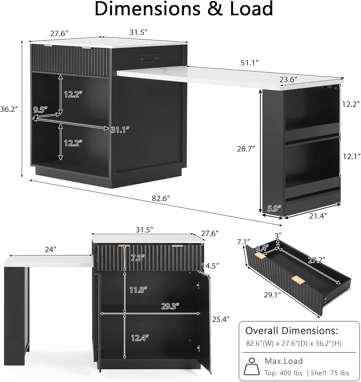 82.6" Fluted Kitchen Island with Extendable Dining Table for 4-6, Kitchen Table with Power Outlet, Double-Side Storage, 2 Drawers 2 Side Open Shelves (Black/E1)