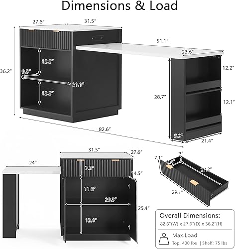 Miniatura 2 de Merax Isla de cocina acanalada de 82.6 pulgadas con mesa de comedor extensible para 4-6, mesa de isla para cocina con toma de corriente, mesa de
