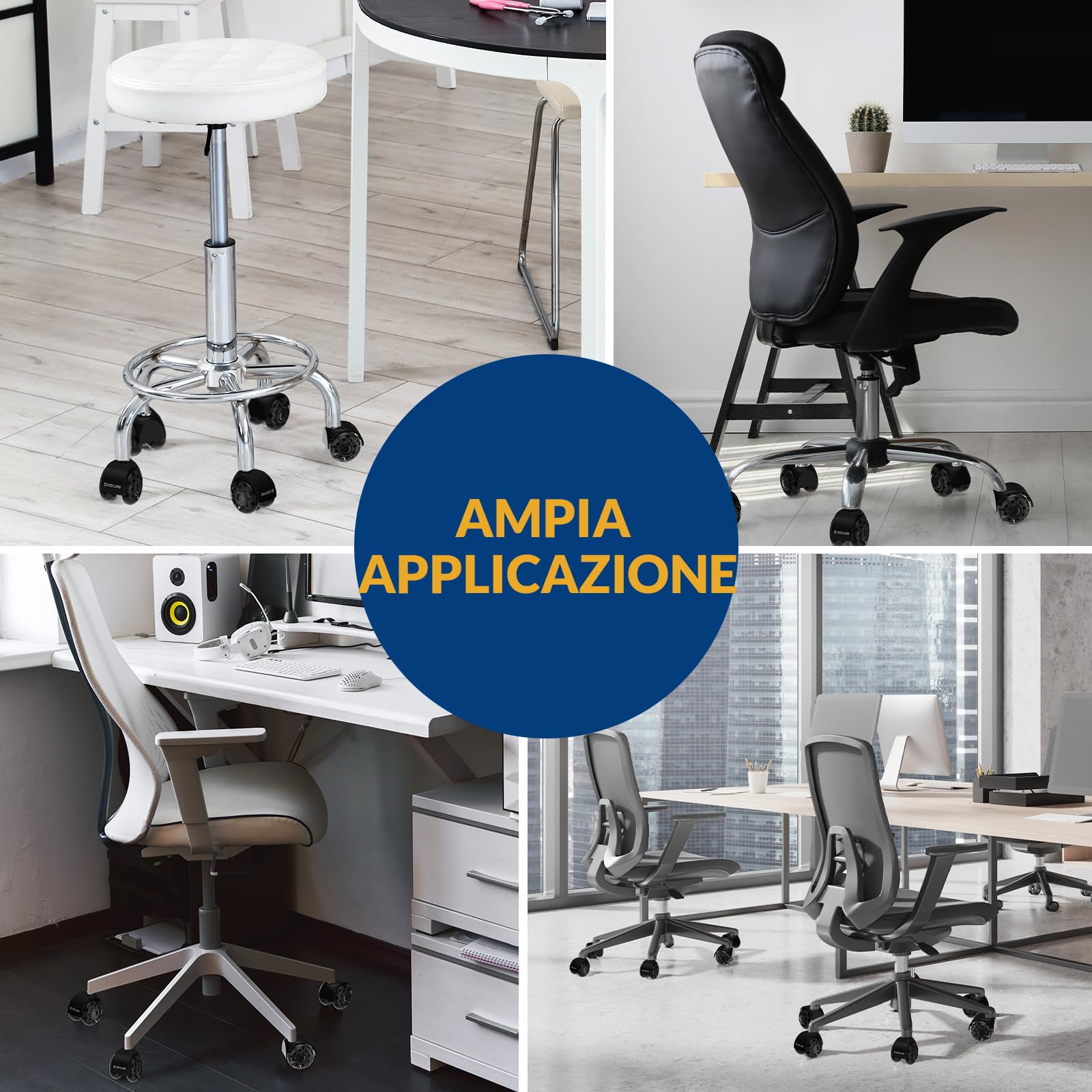 COSYLAND Set 5 Rotelle Doppie Nero Trasparente, Ruote sedia ufficio resistenti e silenziose, ruote per sedia ufficio per parquet, perfette per ufficio, 11X22MM
