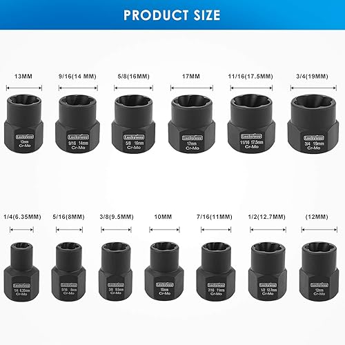 Miniatura 2 de Luckyway Juego de 13 piezas de extractor de tuercas y pernos de impacto, enchufe extractor de tuercas, juego de herramientas para quitar pernos