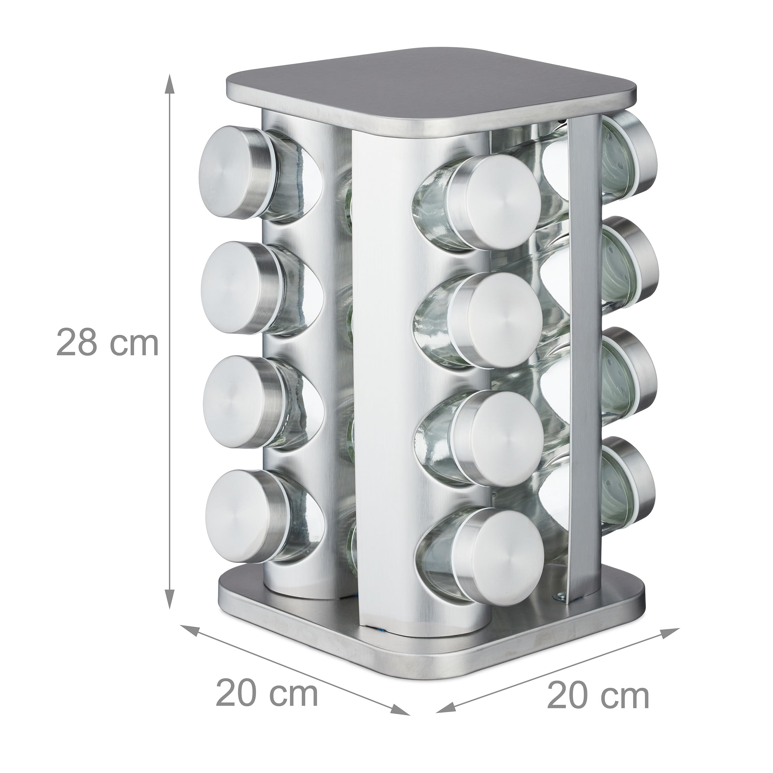 Relaxdays Tourniquet à épices, Acier INOX, 16 Pots en Verre, 40 étiquettes, Rotatif à 360°, HLP : 28x20x20 cm, argenté