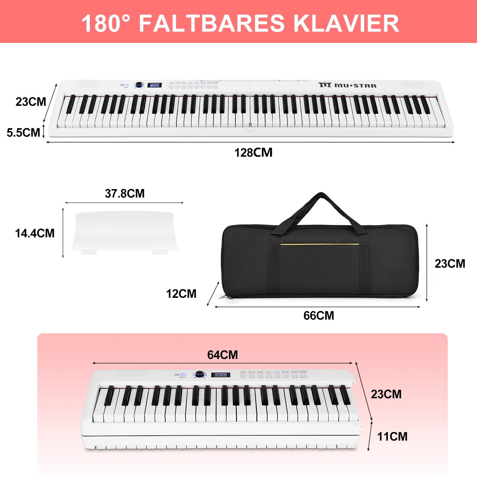 MUSTAR 88 Tasten Faltbares Klavier mit Beleuchteter Tasten, Halbgewichtige Digital Piano, Tragbares E-piano mit Bluetooth, MIDI, Sustain Pedal, Kopfhörer für Anfänger, Weiß