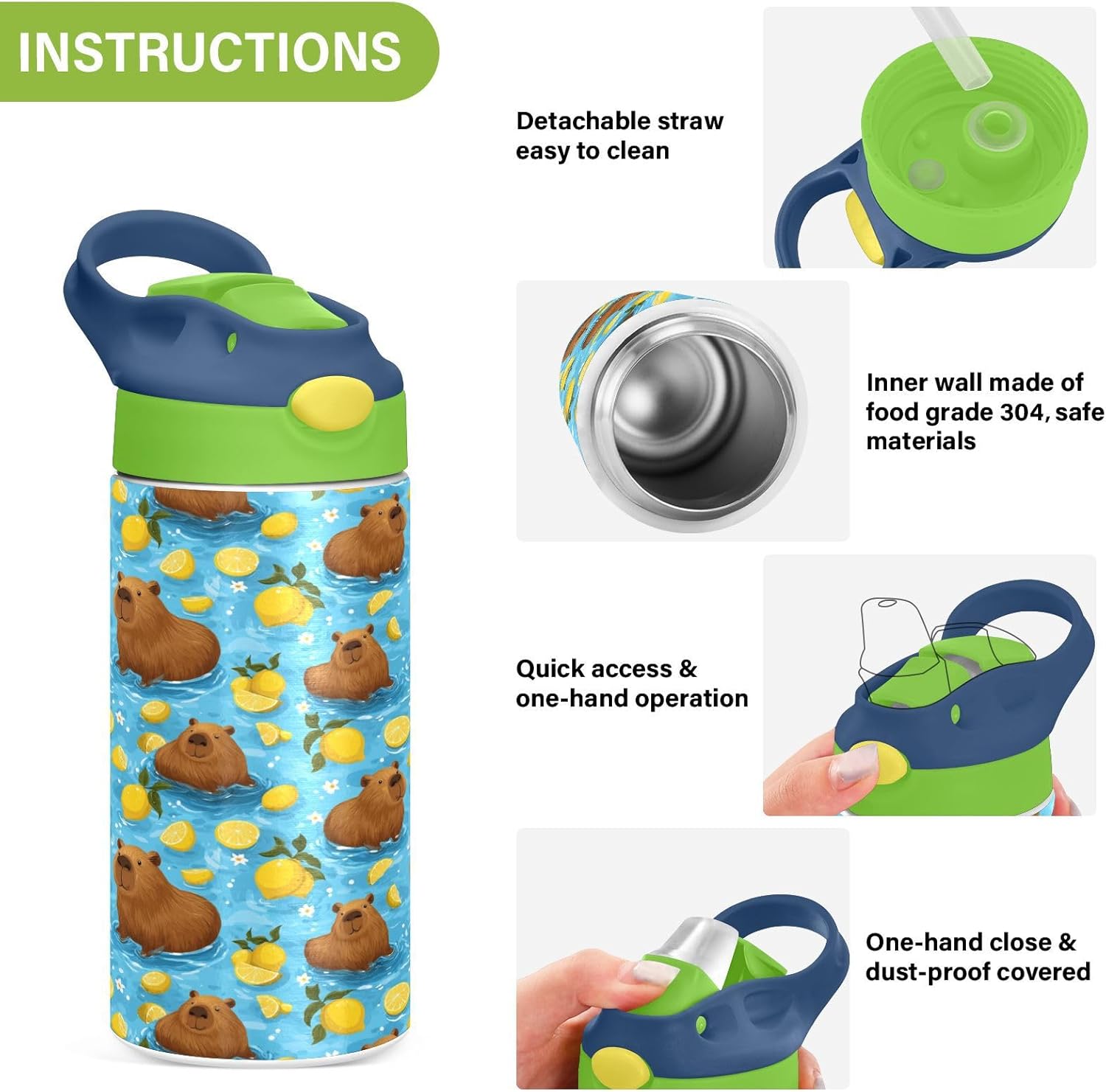 Caikeny Cute Capybaras Kids Water Bottle with Straw Lemon Insulated Stainless Steel BPA-Free Sport Bottles for Boys Girls Toddlers 12 oz Green Lid