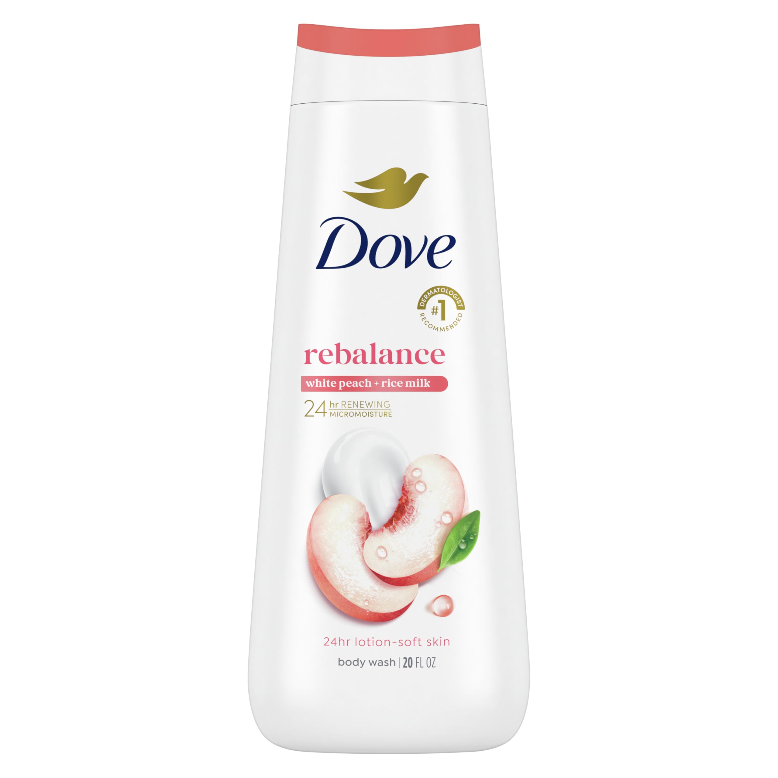 Dove Body Wash Rebalance White Peach & Rice Milk For 24hr Lotion-Soft Skin Moisturizing Skin Cleanser with No Sulfates No Parabens 20 oz