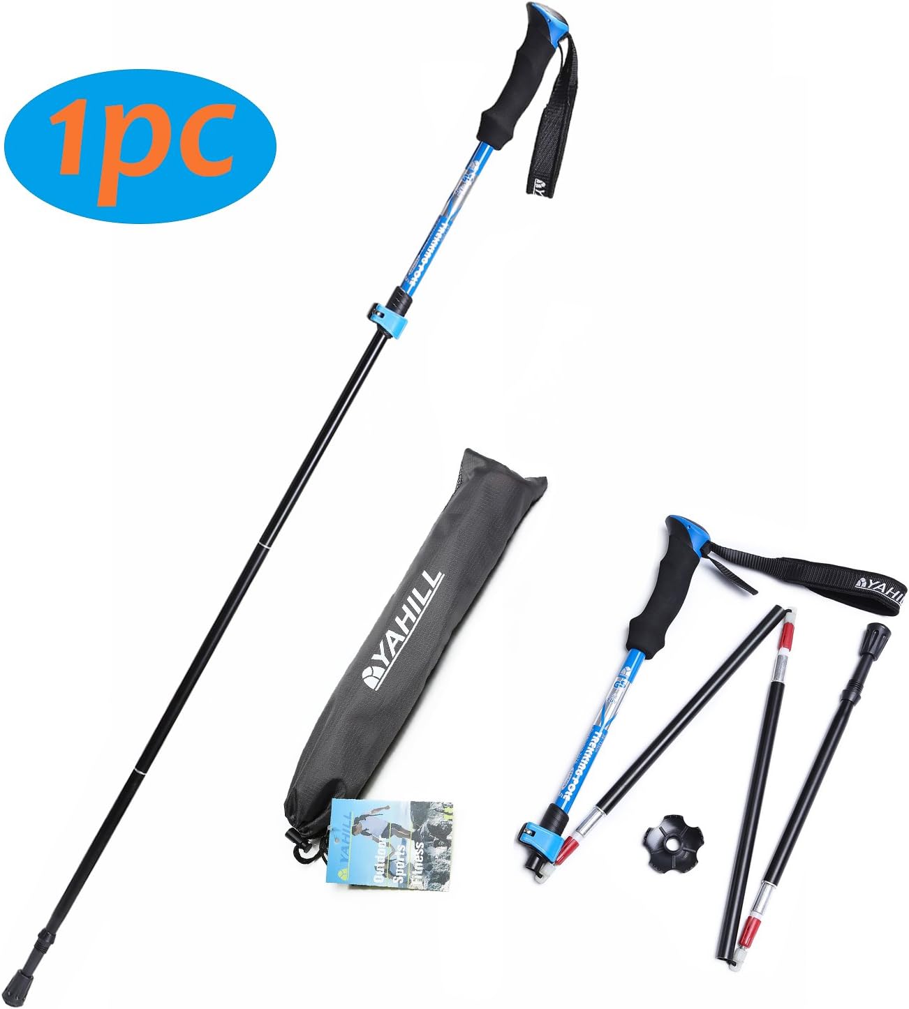 Yahill Folding Trekking Pole Collapsible Stick Ultralight Adjustable, Alpenstocks with EVA Foam Handle, or Tips Protector Replacement Set for Travel Hiking Camping Climbing Backpacking Walking