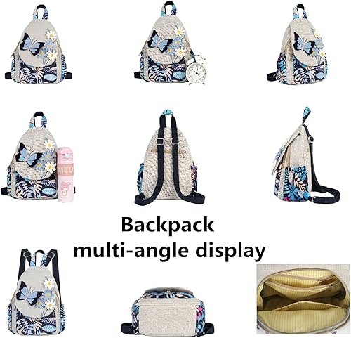 Vista 53 de HUANGGUOSHU Mujer de algodón tejido bohemio cáñamo Boho lona bordado múltiples bolsillos retro linda mochila cartera mochila mochila gato caprichoso
