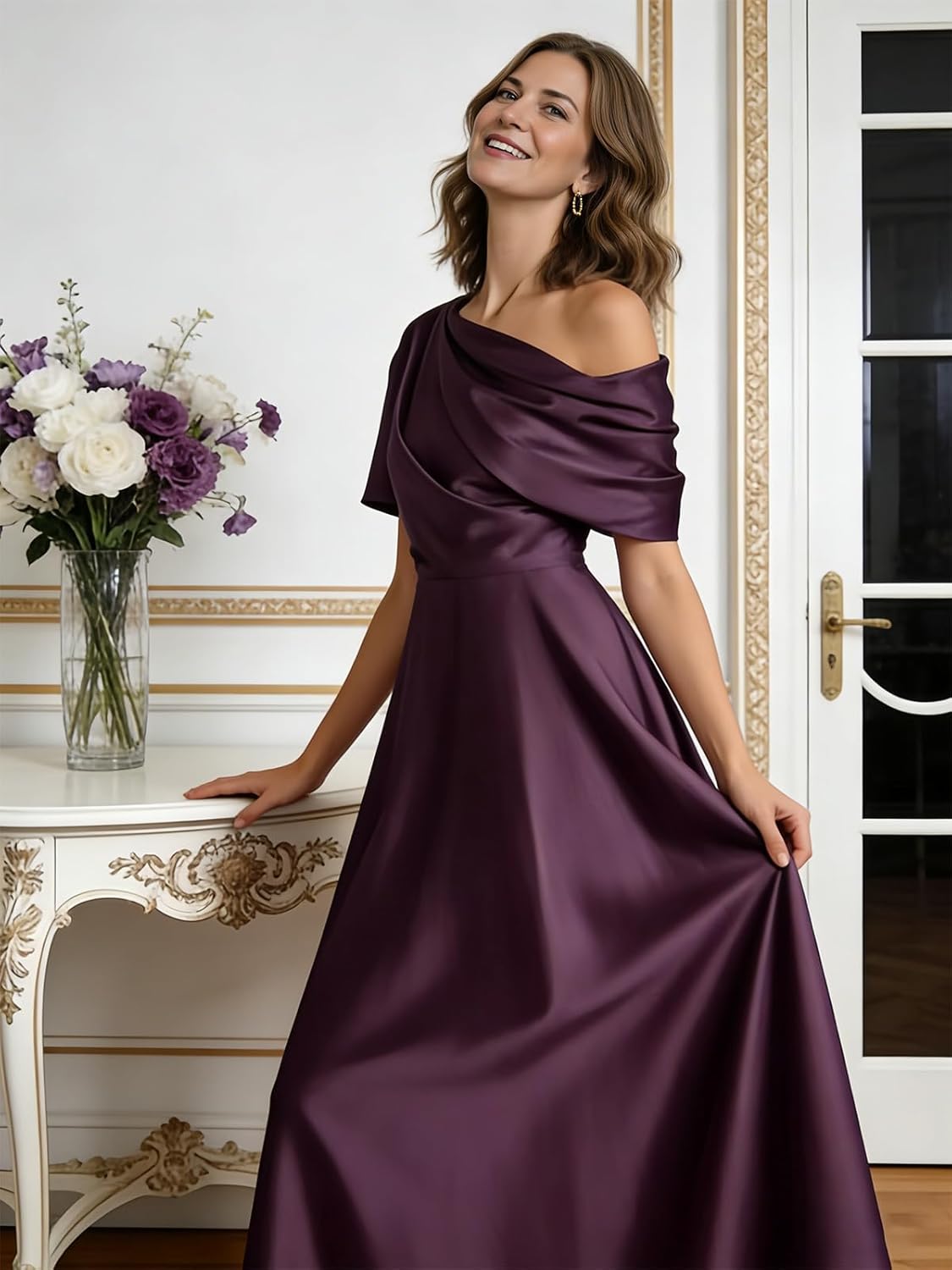 Tea Length Mother of The Bride Dresses for Women - Satin One Shoulder Formal Evening Dress with Pocket - Image 9