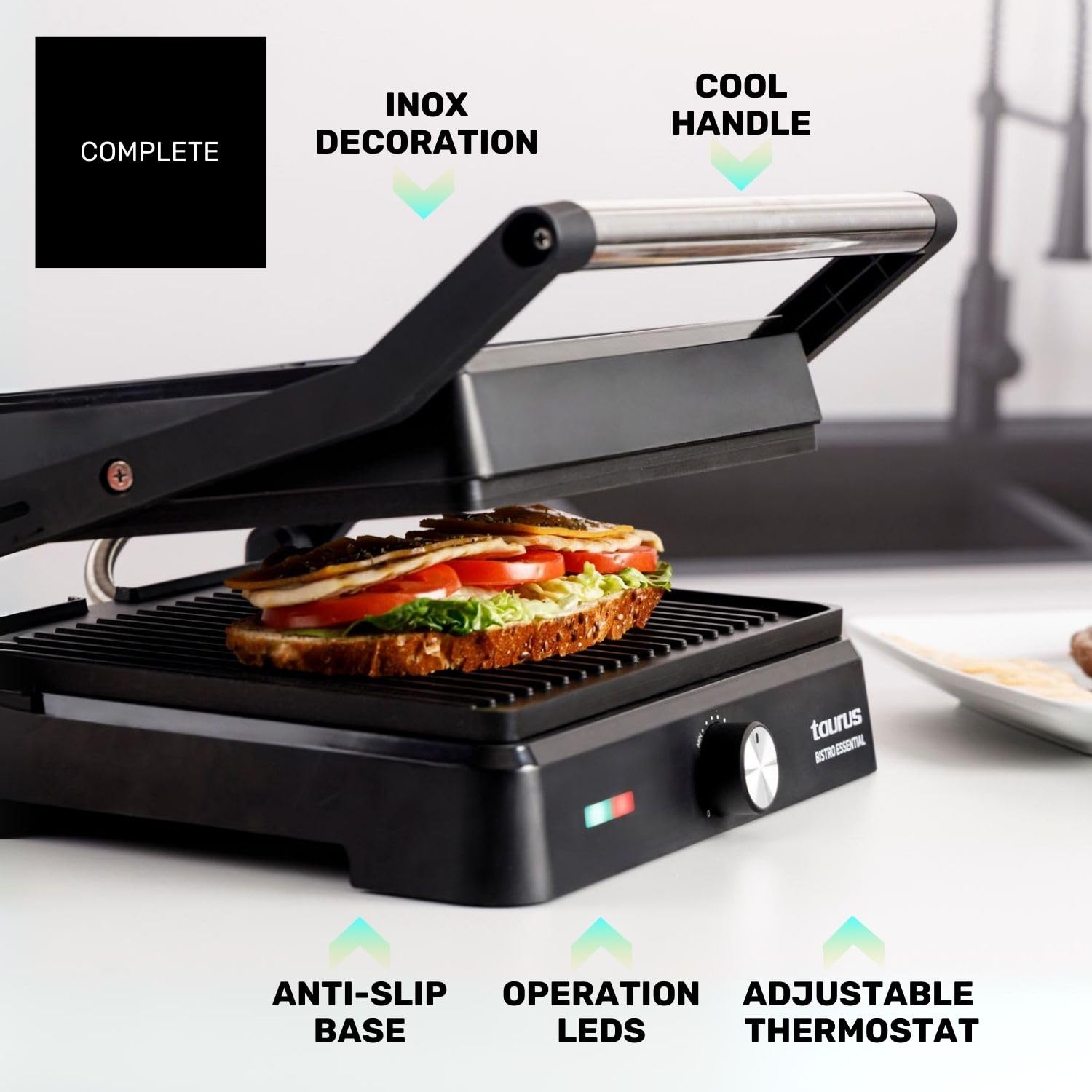 Taurus - Grill Essential 2600W | 2 en 1: Grill y Plancha | Placa 29x23 cm | Revestimiento Antiadherente sin PFOA | Bandeja recogegrasa | Termostato ajustable | Cool Touch y bloqueo seguro