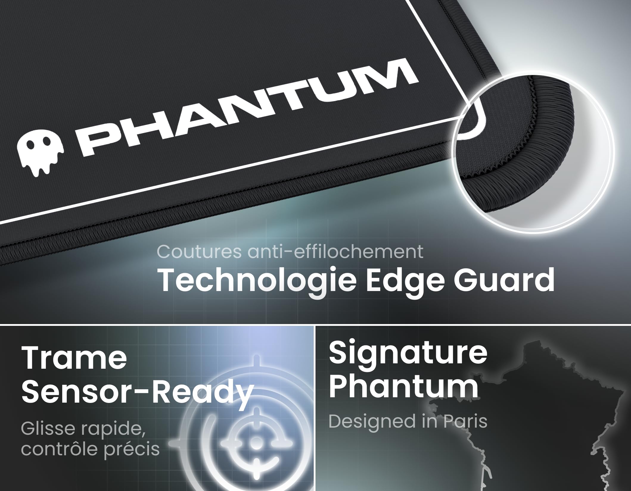Phantum Kamon – Alfombrilla de ratón para juegos XXL 900 x 400 mm, superficie de microfibra hidrofóbica de alto rendimiento, base de goma antideslizante, suave velocidad y control preciso (Dark)