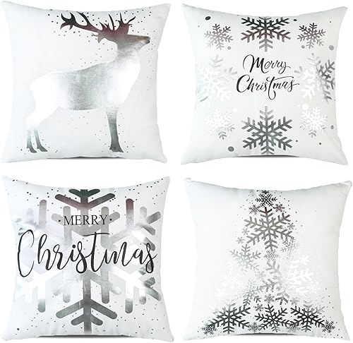 ONWAY Juego de 4 fundas de cojín decorativas de Navidad de 18 x 18 pulgadas, diseño de copos de nieve, renos, decoración de Navidad para sofá,