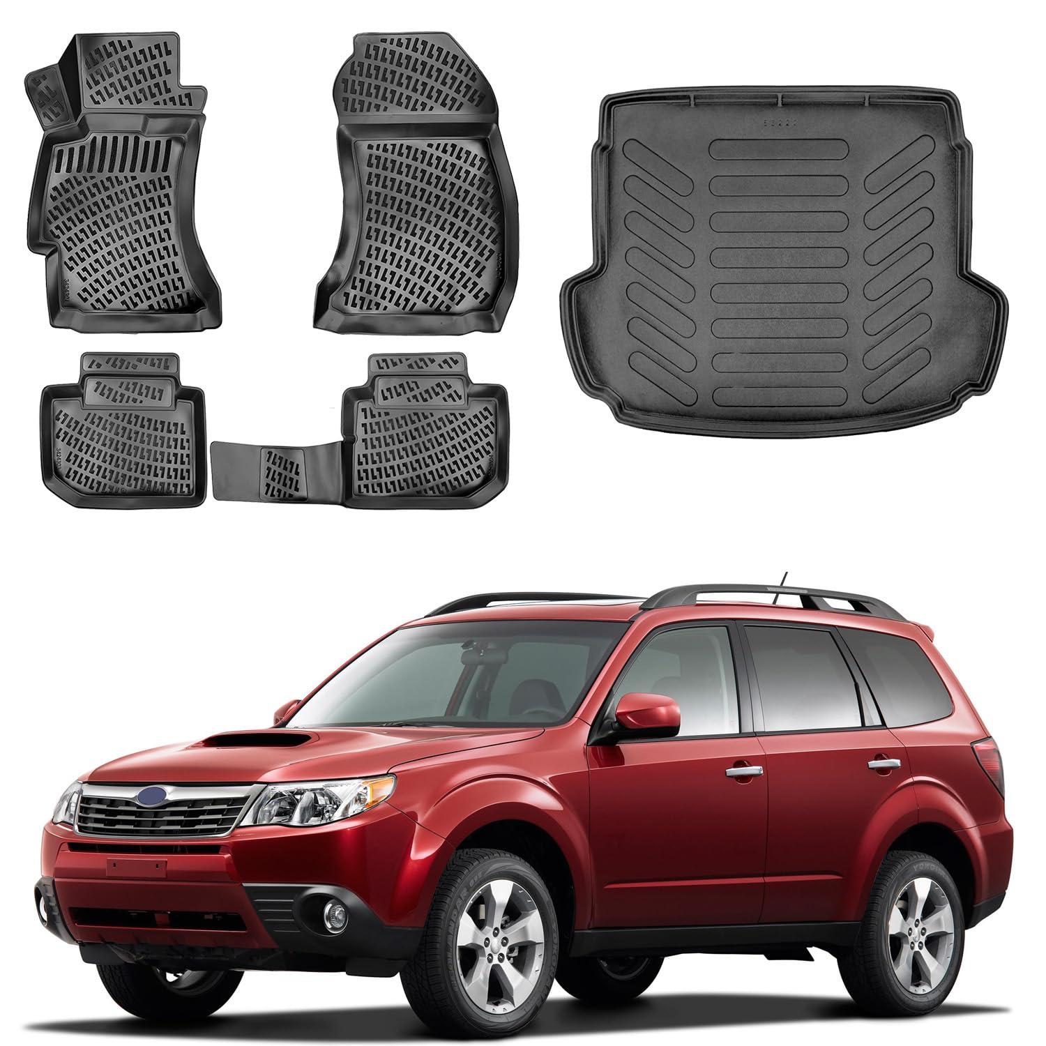 Floor Mats & Cargo Liner Set for Subaru Forester 2009-2013 | Black TPE All Weather Custom Fit Floor Liner for 1st 2nd Rows and Trunk Car Mats