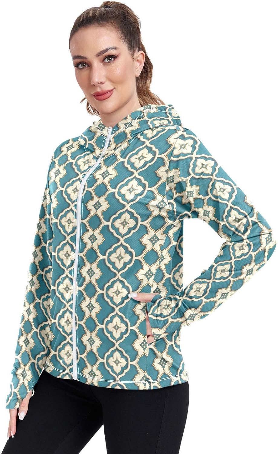 Fashion Geometric Pattern Pasley Zip up Hoodie for Women with Pockets Cooling Shirts UPF 50+ Protection Cute Sweatshirt Athletic Jacket for Hiking Outdoor para el sol