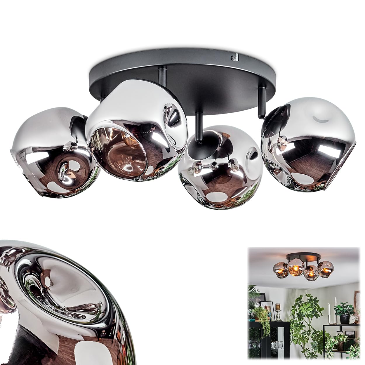 HOFSTEIN Deckenleuchte Ripoll, 4-flammige Deckenlampe aus Metall/Glas in Schwarz/Chrom-/Rauchfarben, verstellbare Leuchte im Retro/Vintage-Design (Schirme Ø 15 cm), E14, Esszimmer, Küche, Wohnzimmer