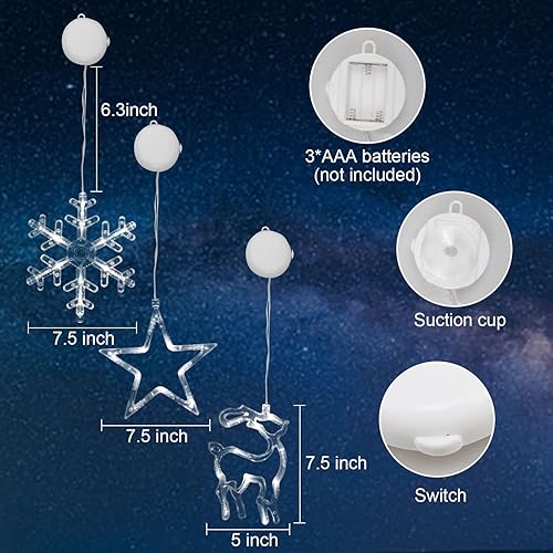 Miniatura 6 de Decoraciones de Navidad, 3 luces navideñas para ventana, funciona con pilas, decoración de ventana de Navidad en forma de copo de nieve, estrella y