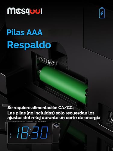 Miniatura 8 de Reloj despertador digital con proyector para dormitorio, con LED grande, para proyección en pared y techo, giro de 180 °, atenuador, cargador USB
