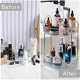 INVSSENE 360 Rotating Makeup Organizer, Bathroom Make Up Spinning Holder Rack, Large Capacity Cosmetics Storage Vanity Shelf Countertop, Fits Cosmetics, Perfume, Skincare(2 Tiers, Clear)