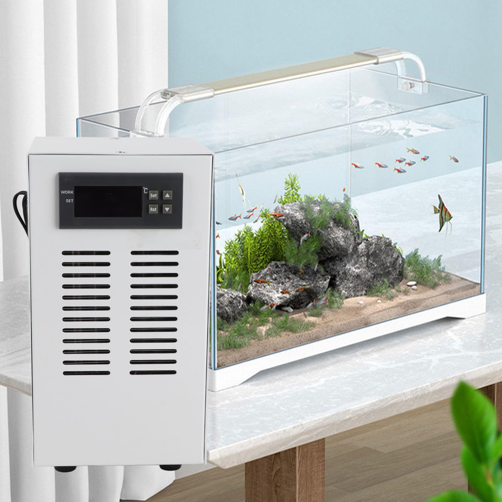 FTVOGUE Raffreddatore per Acquario, 72W, Regolatore di Temperatura Elettronico, Acciaio Legato, capacità 20 Litri, Funzionamento Silenzioso, con Pompa e Tubo Flessibile