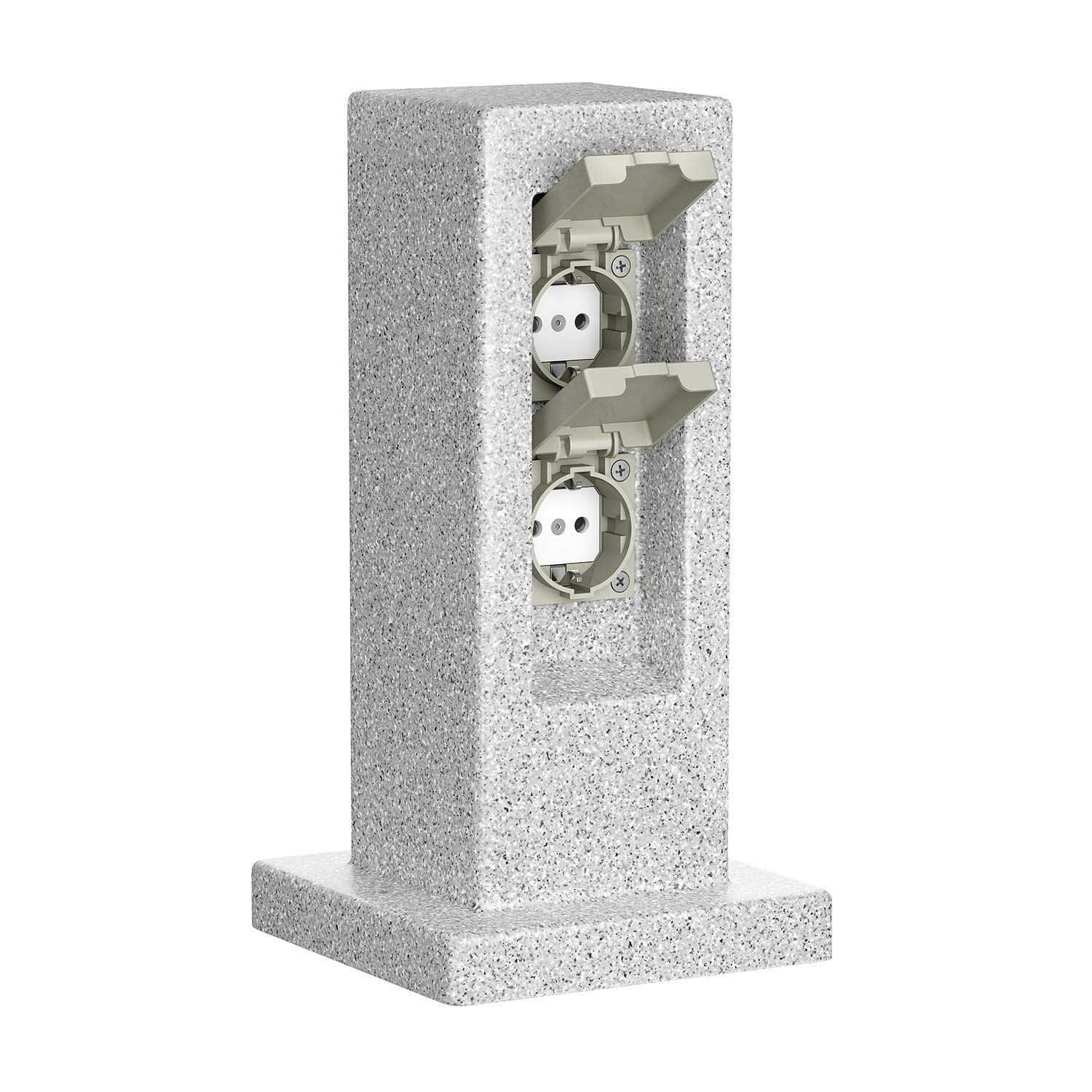 ledscom.de Garten-Steckdosen-Säule Pock mit Erdspieß und 2m Kabel für außen, 2-Fach, Stein-Optik, Kunstharz, eckig, 30cm