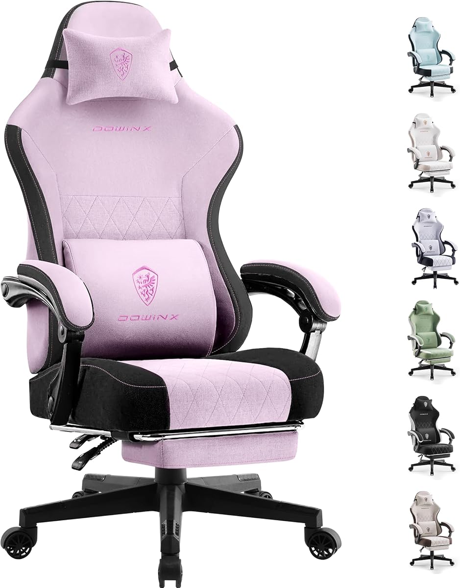 Dowinx Gaming Chair Fabric with Pocket Spring Cushion, High Back Ergonomic Computer Chair with Footrest for Adults, Massage Lumbar Support Swivel Game Chair for Office Gaming 300LBS, Pink