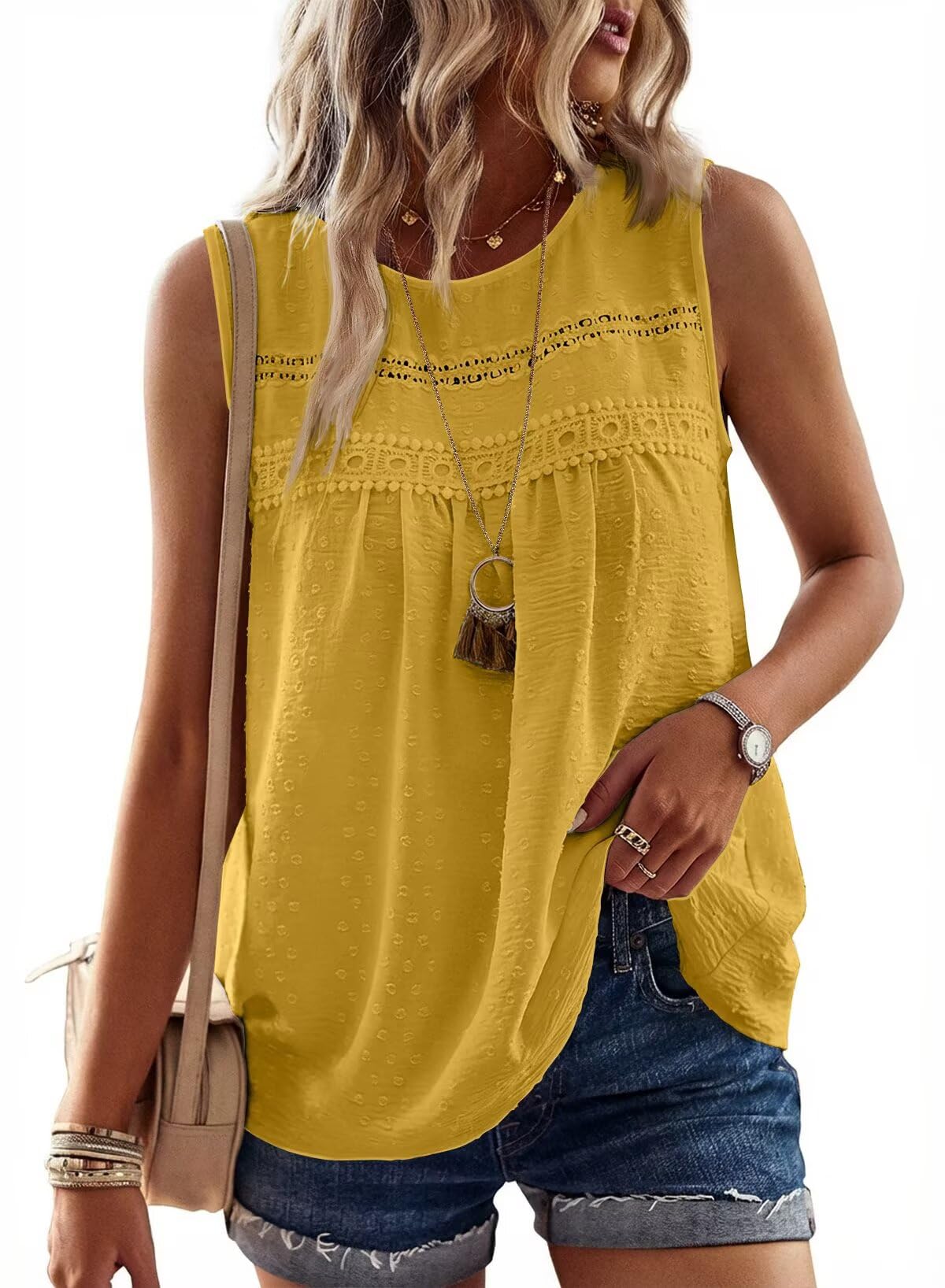 Falechay Tank Tops for Women Flowy Boho Cute Swiss Dots Sleeveless Shirts | Crewneck Loose Fit Summer Blouses, Daily Casual, Hide Belly Fat, Cute Lace Hem Ladies Tunic, Babydoll Crochet Trendy Clothes