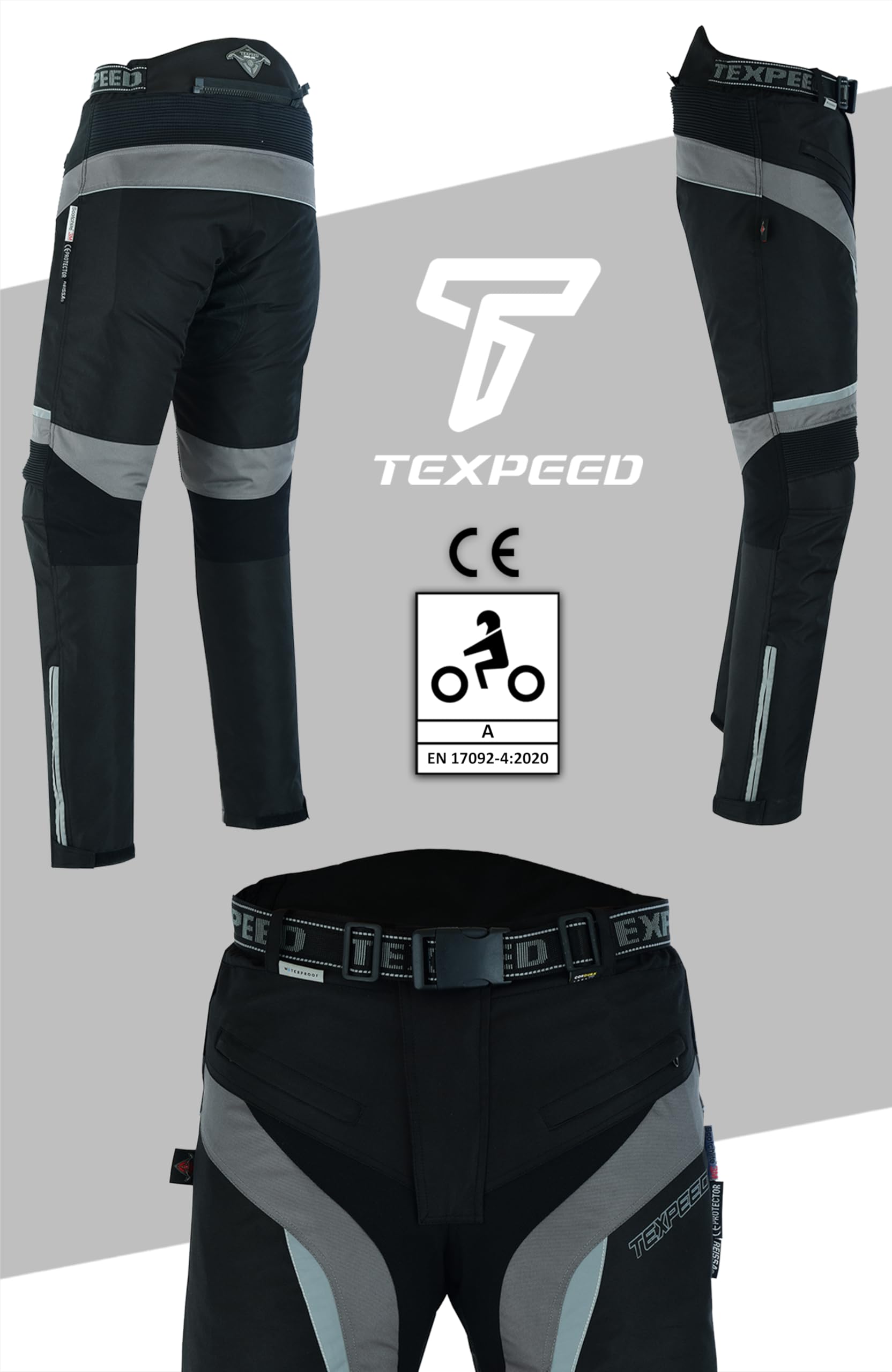 Texpeed Pantalon Moto Homme Homologué - Hiver/été Cordura Imperméable - Avec Armure CE Protection (EN 1621-1) Gris - XL Taille/Longue Jambe