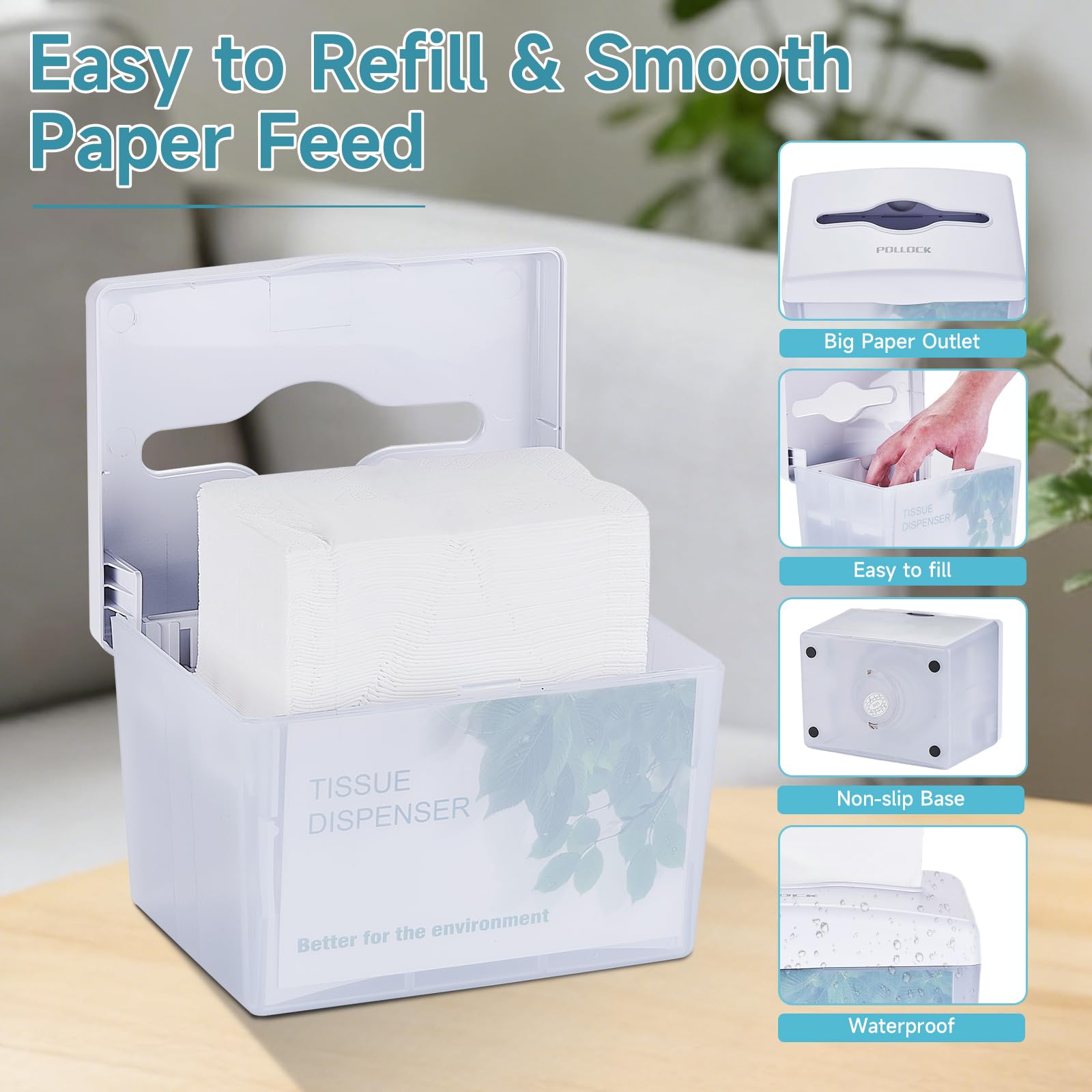 Pollock Tischspender, Papierhandtuchspender für Multifold Papierhandtücher, Tisch Serviettenspender, Tissue Boxspender, Große Kapazität, für Küche Restaurant Badezimmer Büro - Transparentes Weiß