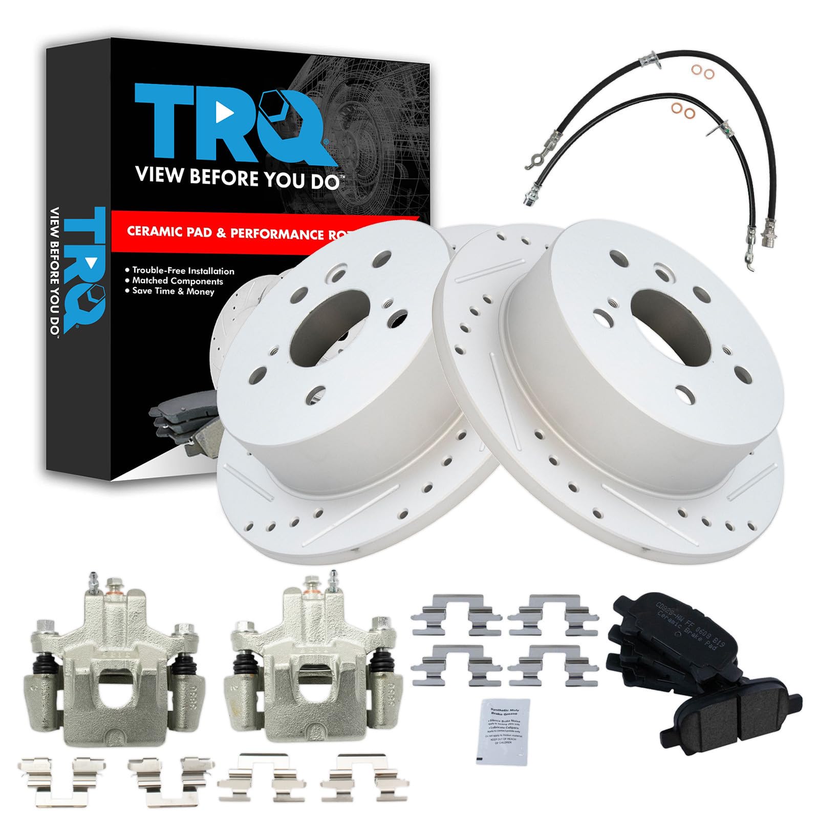 TRQ Performance Rear Brake Pad and Rotor Set Ceramic Slotted Drilled Calipers Compatible with 2006-2007 Toyota Avalon 2006-2008 Solara
