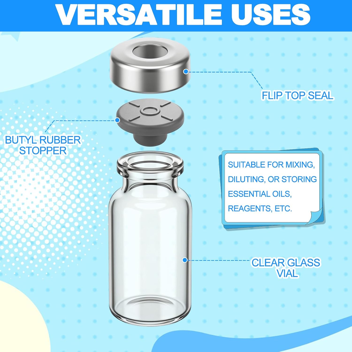 60 Pack Sterile Empty Vials with Self Healing Injection Port Clear Glass Empty Sample Vials with Sealed Aluminum Caps Flat Bottom Lab Vial (3ml)