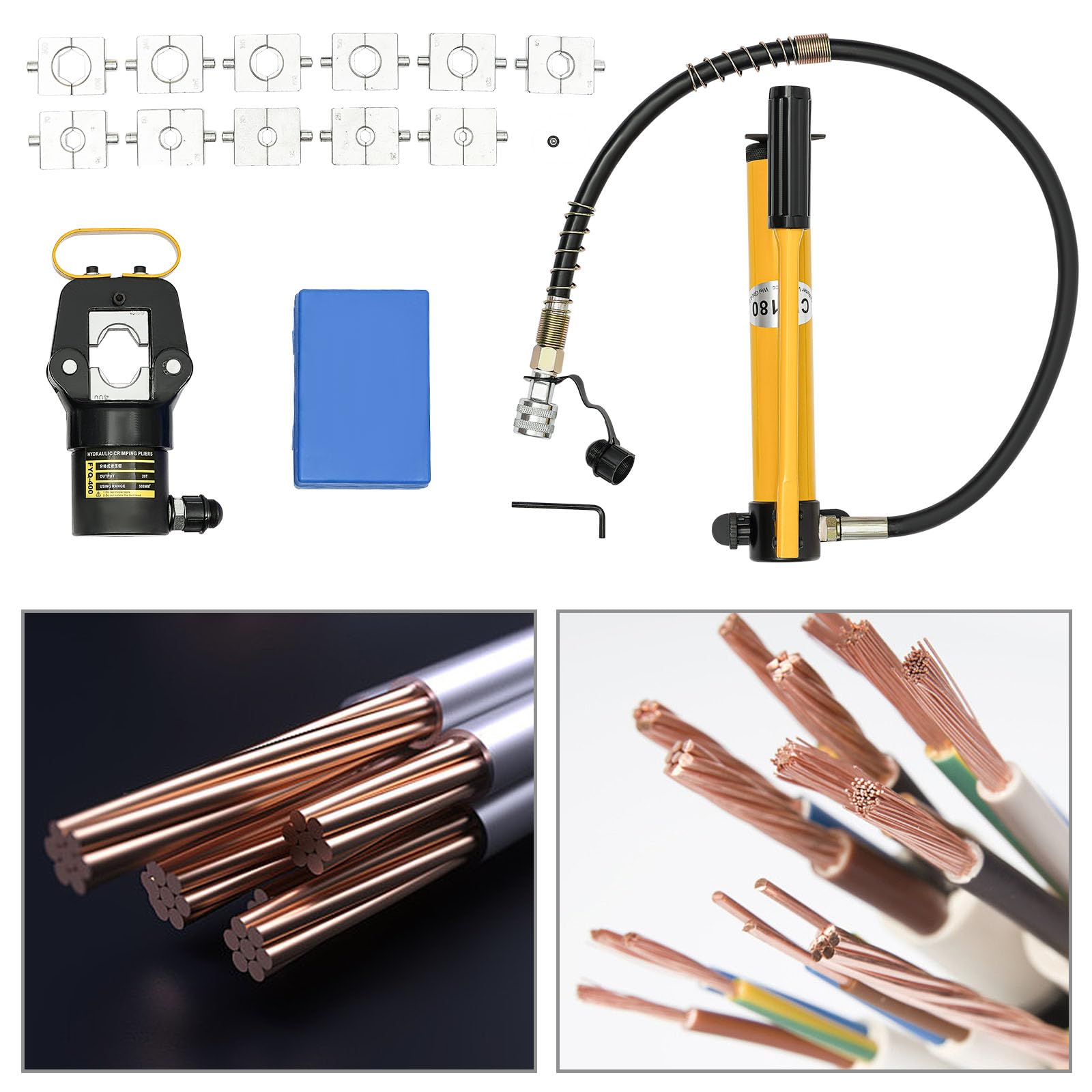 Pinza crimpatrice idraulica 20T per capicorda in rame e alluminio, 16-400 mm², pinza per capicorda idraulica, con 12 paia di matrici, testa girevole a 180°