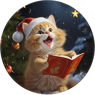 Cute Cat Sing Christmas Carols Mouse Pad 8x8 in Customized Round Mousepad | Small Portable, Non-Slip Rubber Base, With Stitched Edge, Washable Desktop Protection Mouse Mat For Desk, Laptop, Office
