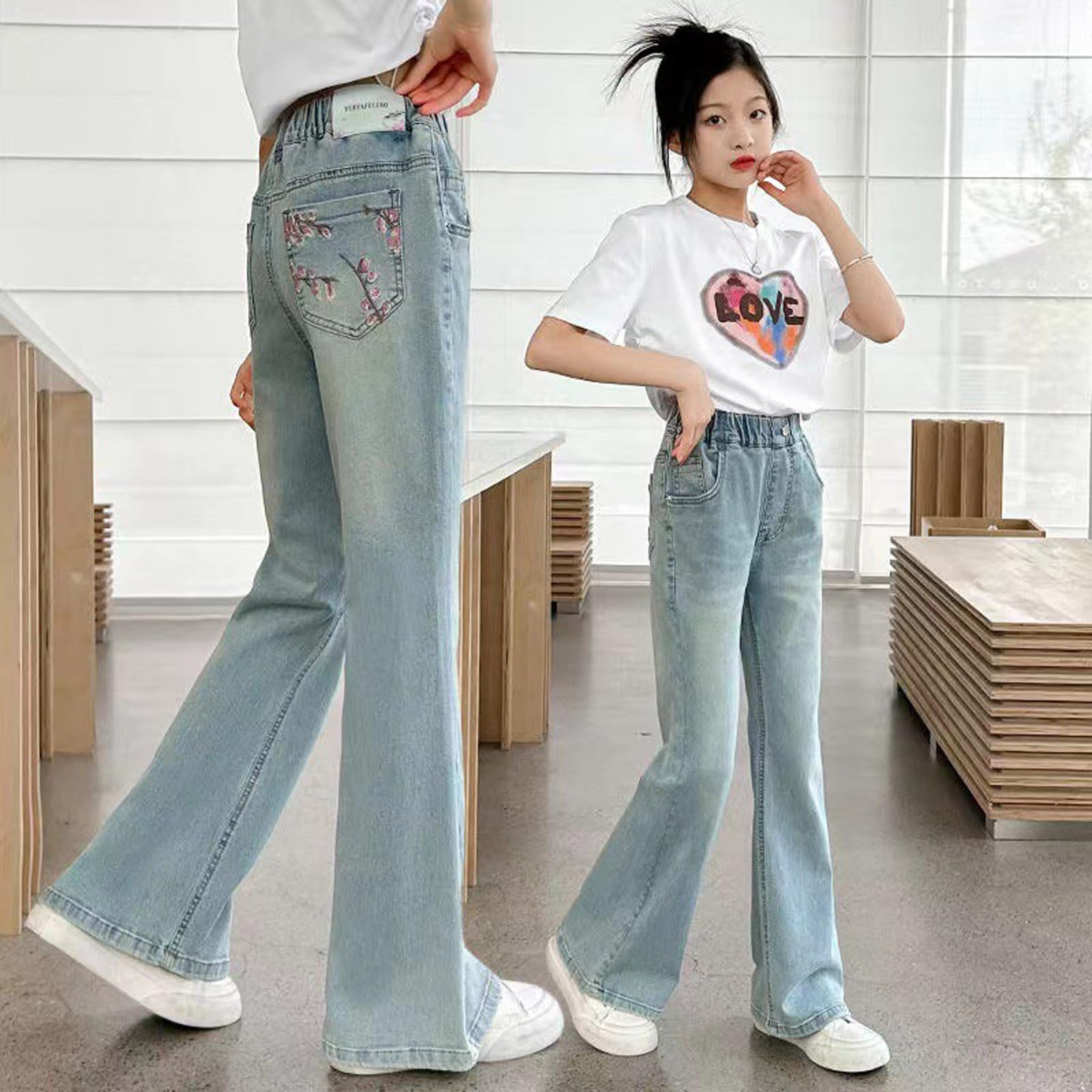 Jeans Hosen Für Mädchen, Hose Teenager Mädchen, Elastisch Hohe Taille Gerade Weites Bein Streetwear Jeans Mit Mehreren Taschen Weites Bein Jeanshose Girls Mode Hosen Für Kinder Frühling Sommer