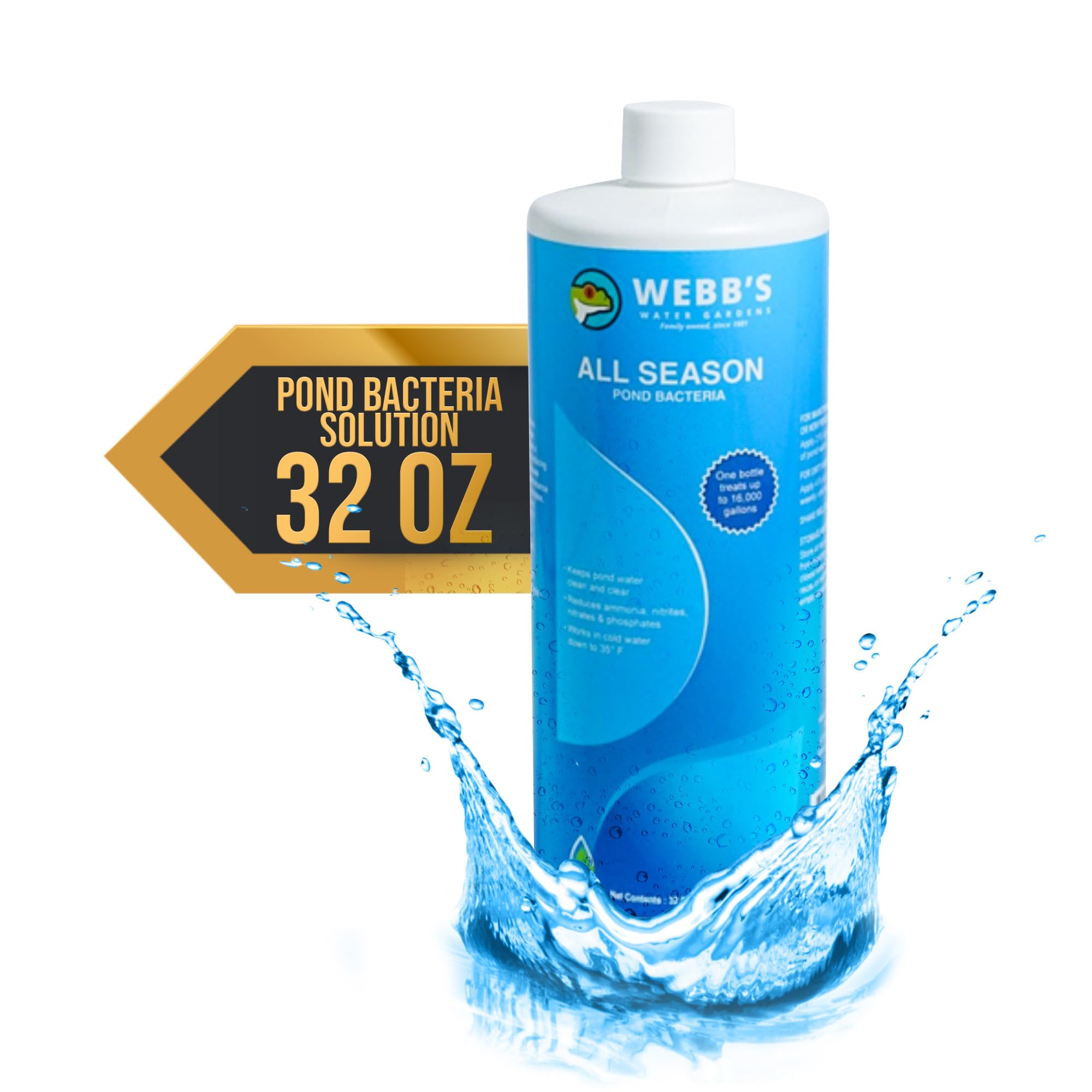 Webbs Water Gardens All Season Liquid Beneficial Bacteria for Fish Ponds and Water Features- Safe for Turtles, Fish, Freshwater, and Marine Environments - Promotes Clear, Healthy Water - 32 Fluid Oz.