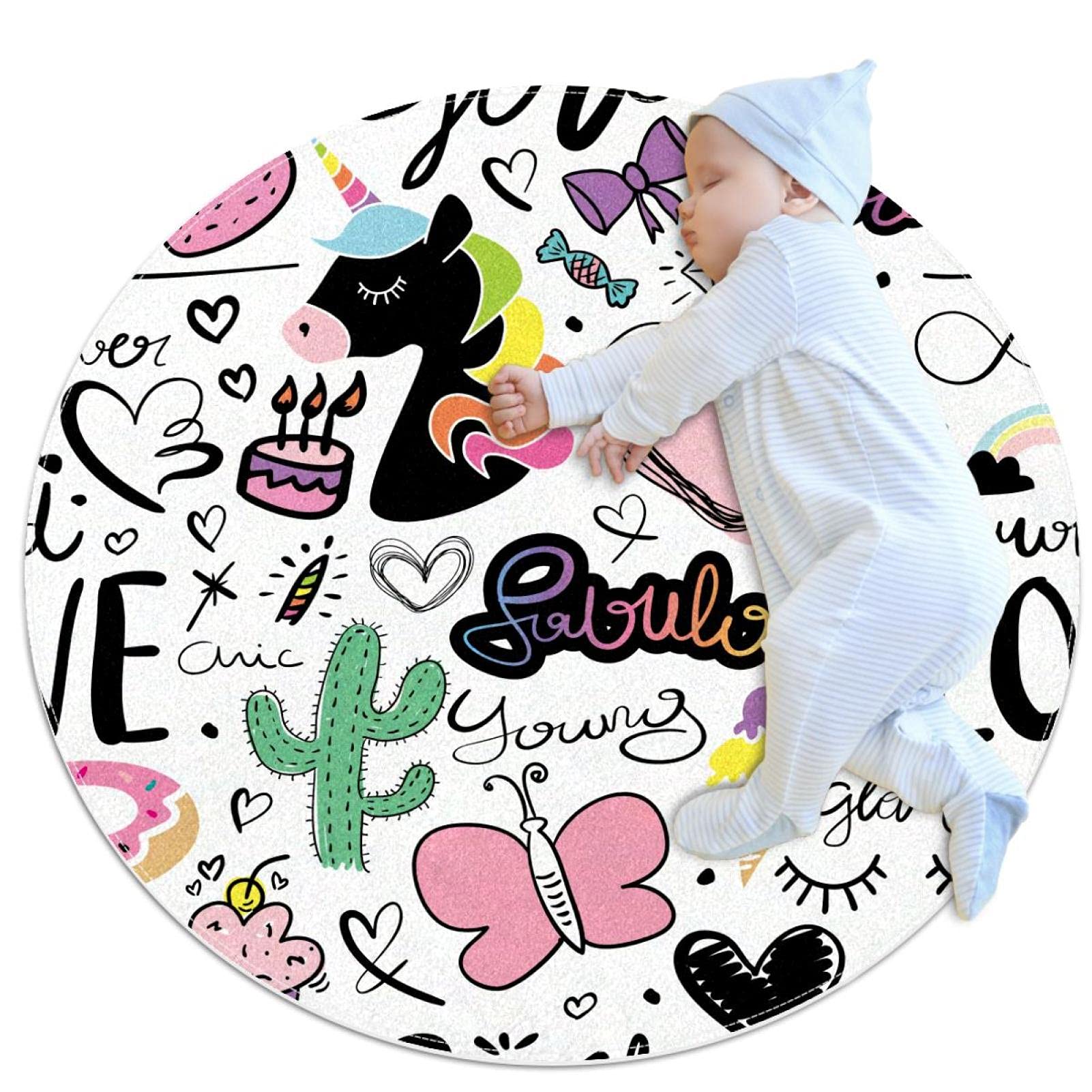 Tapis rond licorne papillon JDEZ 100x100cm pour chambre d'enfant