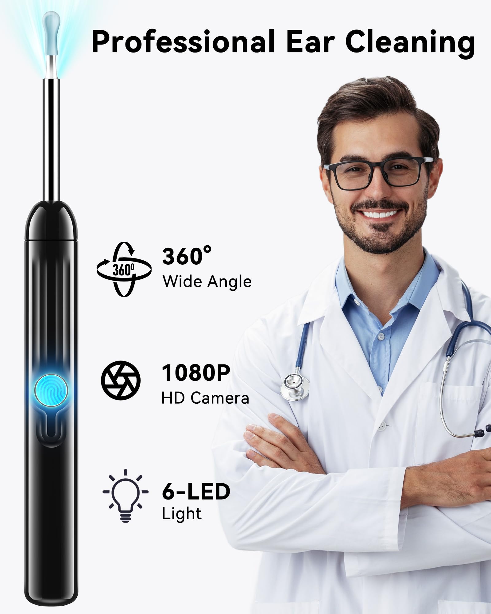 Herramienta de eliminación de cera de oído, alcance HD 1296P y 6 luces LED, limpiador de oídos con cámara, kit de limpieza de oídos, herramienta de eliminación de cerumen con 10 cucharas (ónix)