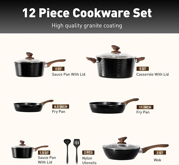 DishDelight 12pcs Induction Hob Pan Set Hammered Pots and Pans Sets Non Stick Saucepan Set Frying Pan Kitchen Cookware Cooking Pot with Lids