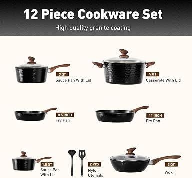 DishDelight 12pcs Induction Hob Pan Set Hammered Pots and Pans Sets Non Stick Saucepan Set Frying Pan Kitchen Cookware Cooking Pot with Lids